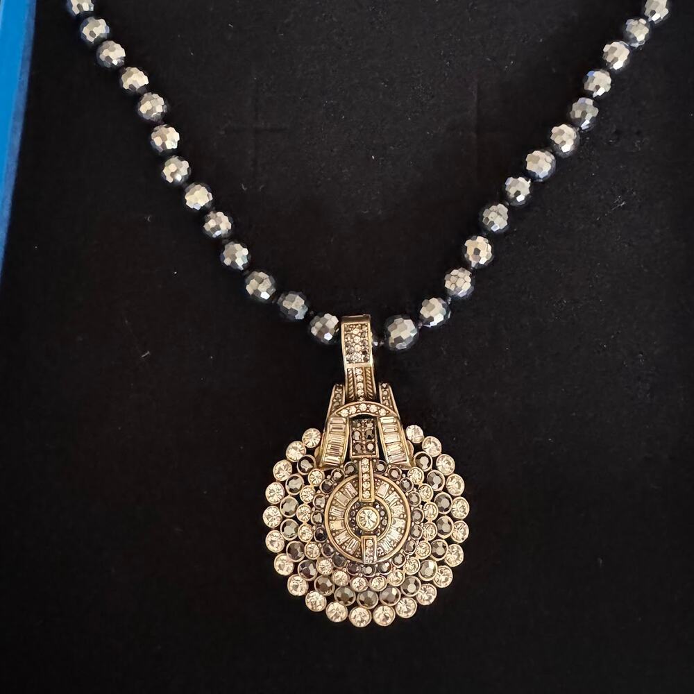HEIDI DAUS Crystal Statement Necklace Black Beaded Rhinestone Art Deco Pendant